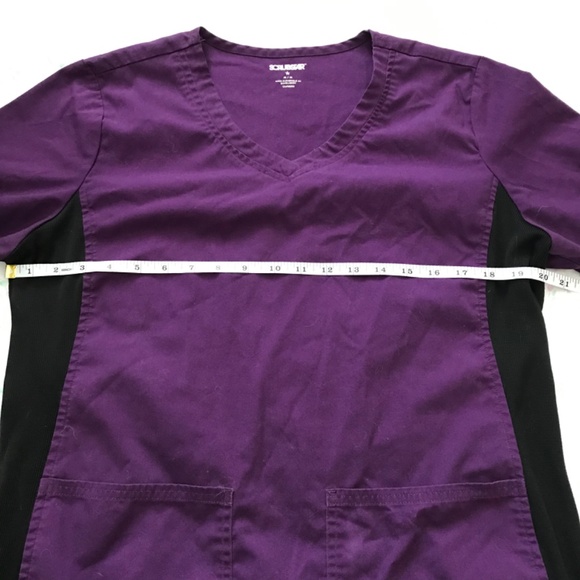 SCRUBSTAR Scrub Top Eggplant Purple Black M Short Sleeve V-Neck Front Pockets - Picture 9 of 15